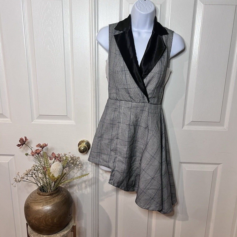 Womens Plaid Romper Dress Sz S Goth Punk Avant-Garde Sheer Side Cutouts Funky